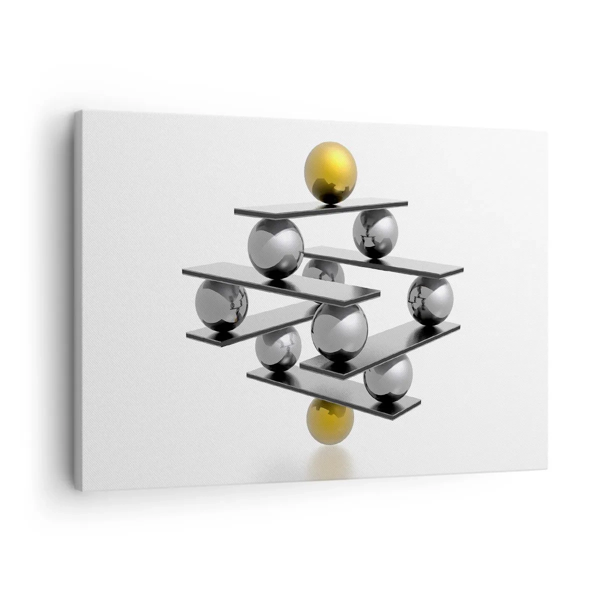Obraz na plátne - Geometrická kompozícia s kovovými guľôčkami a zlatým akcentom - 70x50cm - Zlato-strieborná rovnováha - Moderná nástenná dekorácia do obývacej izby a spálne ARTTOR