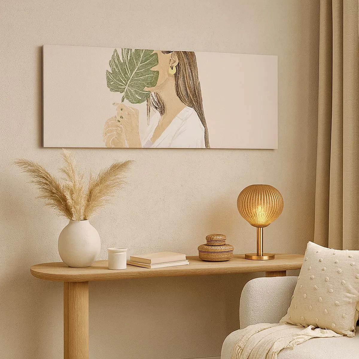 Obraz na plátne - Tajomný portrét s vejárom - 100x40 cm