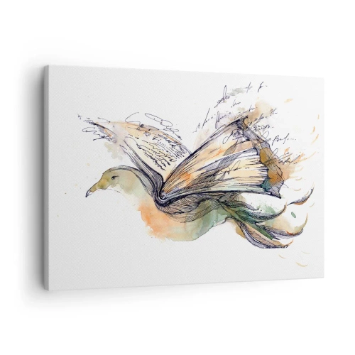Obraz na plátne - Umelecká akvarelová maľba vtáka s knihou ako krídlami - 70x50cm - Na krídlach poézie - Moderná nástenná dekorácia do obývacej izby a spálne ARTTOR