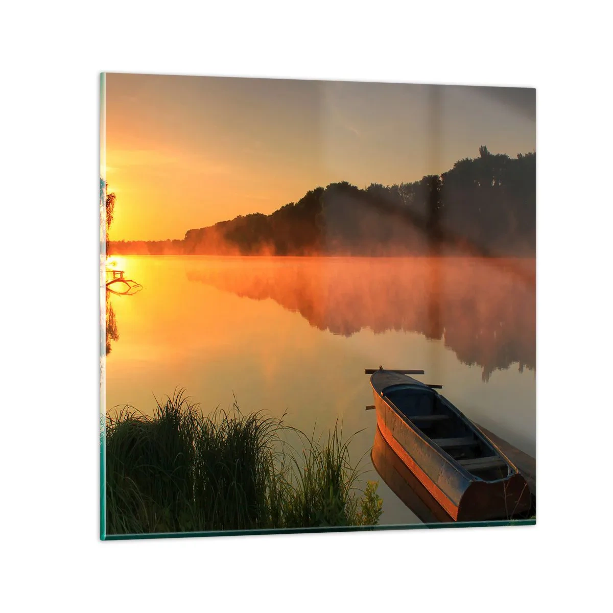 Obraz na skle - Východ slnka pri vode ako povrch zrkadla - 60x60 cm