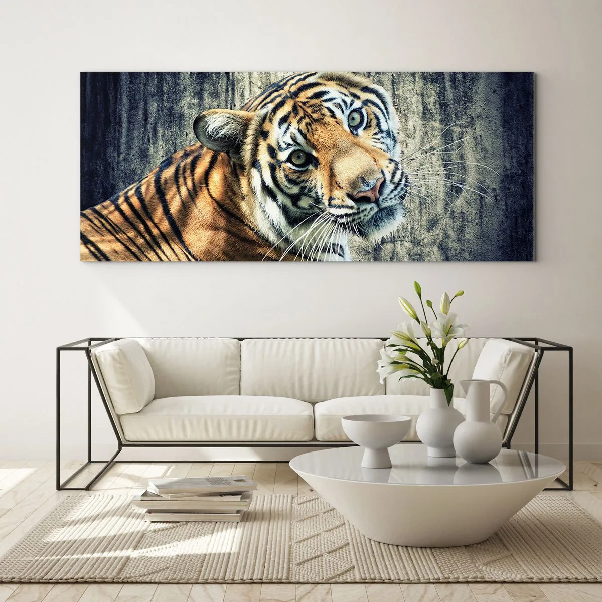 Obraz na skle - Portrét v prameňoch svetla - 100x40 cm