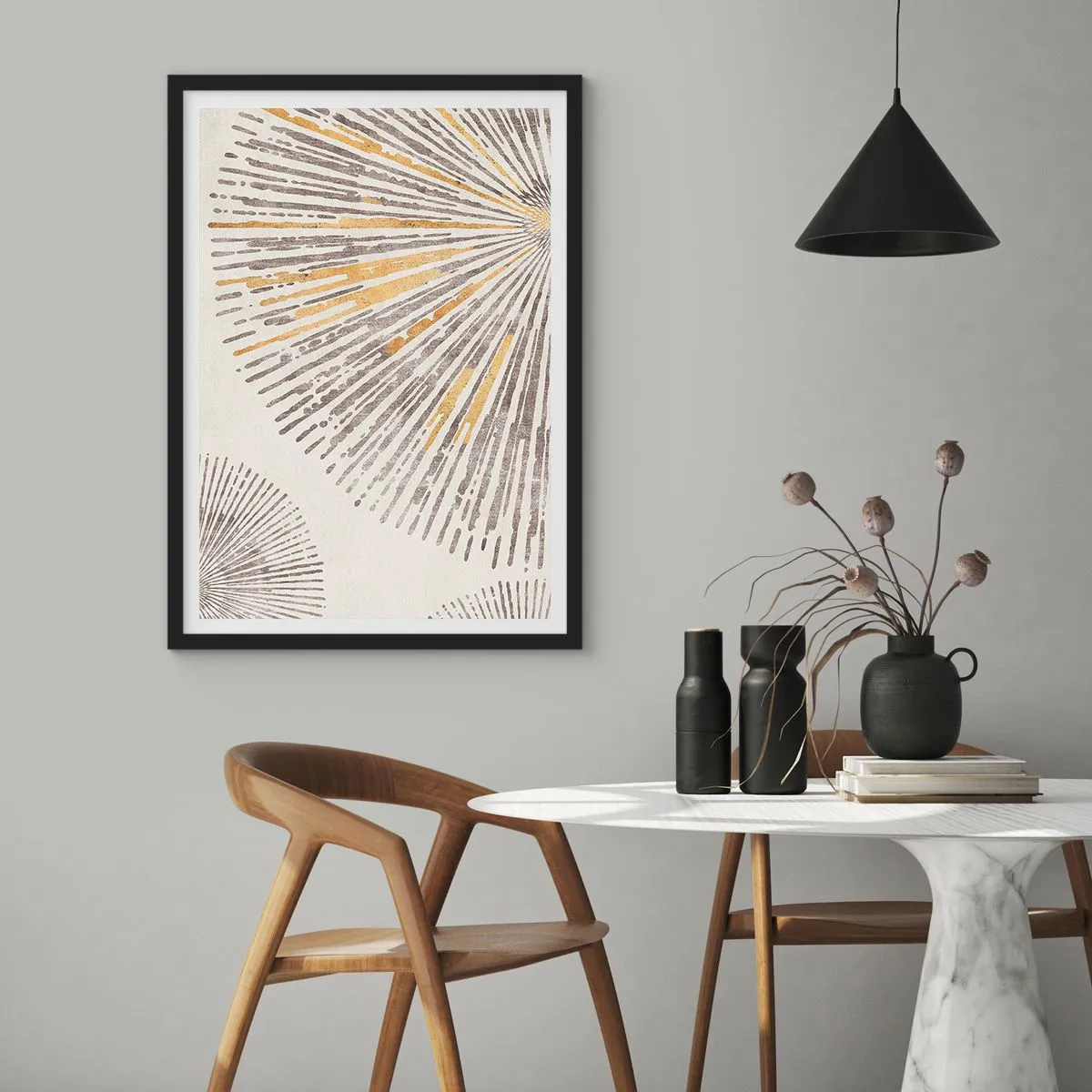 Plagát v čiernom ráme - Abstraktný lúčový vzor v odtieňoch zlatej a hnedej - 50x70cm - Krása lúča - Moderná nástenná dekorácia do obývacej izby a spálne ARTTOR