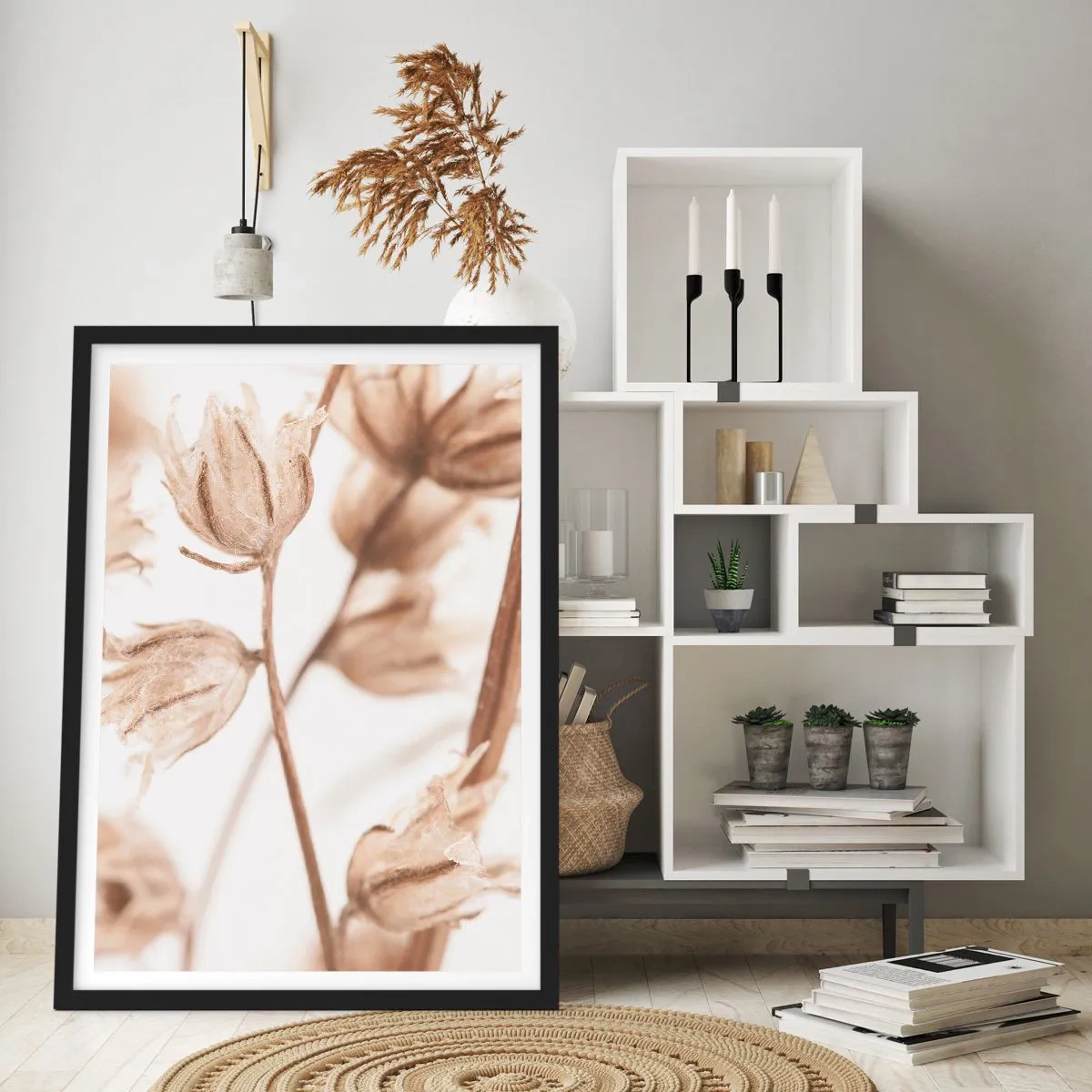 Plagát v čiernom ráme - Sušené rastliny v sépiovej farbe na svetlom pozadí - 50x70cm - Ozveny konca leta - Moderná nástenná dekorácia do obývacej izby a spálne ARTTOR