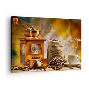 Obraz na plátne - Mlynček na kávu s fazuľkami a šálkou na pozadí - 70x50cm - Chrastenie zŕn, hrčanie mlynčeka - Moderná nástenná dekorácia do obývacej izby a spálne ARTTOR