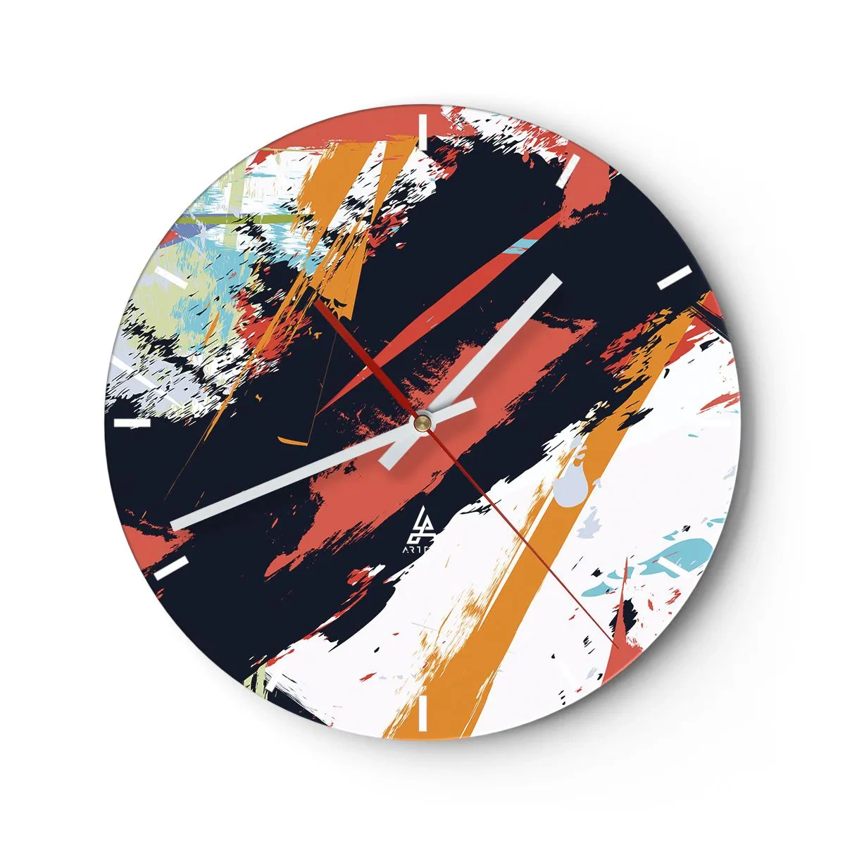 Nástenné hodiny - Abstraktný vzor s farebnými ťahmi štetcom - 30x30cm - Dynamická kompozícia - Moderná nástenná dekorácia do obývacej izby, kuchyne a spálne ARTTOR