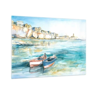 Obraz na skle - Akvamarínový záliv s loďami a budovami na útese - 70x50cm - Krajina v modrej - Moderná nástenná dekorácia do obývacej izby a spálne ARTTOR
