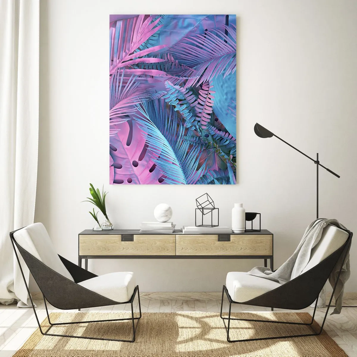 Obraz na skle - Tropy v ružovej a modrej - 80x120 cm