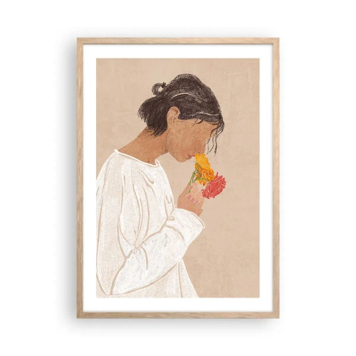 Plagát v ráme zo svetlého duba - Dievča a kvety - 50x70 cm