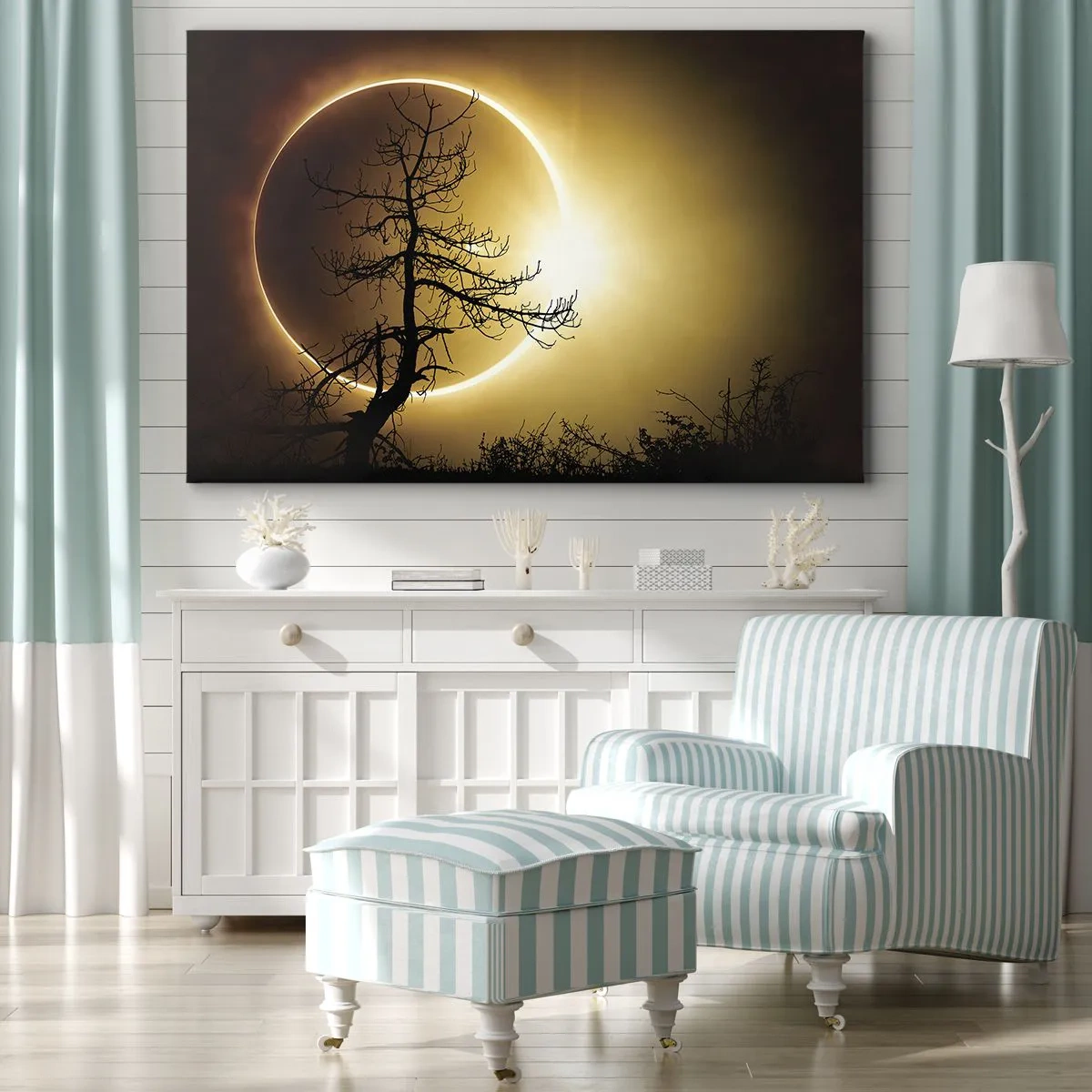 Obraz na plátne - Zatmenie Slnka so siluetou stromu v popredí - 70x50cm - Úplné zatmenie - Moderná nástenná dekorácia do obývacej izby a spálne ARTTOR