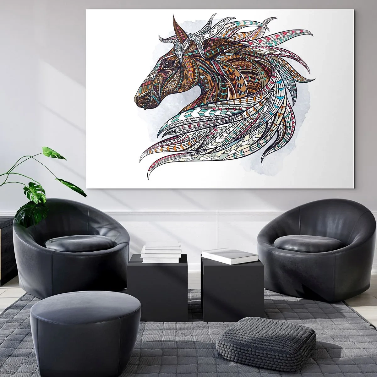 Obraz na skle - Farebný kôň v umeleckom štýle s geometrickými vzormi - 70x50cm - Keltský vojnový or - Moderná nástenná dekorácia do obývacej izby a spálne ARTTOR