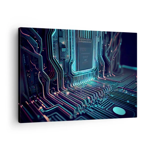 Obraz na plátne - Technologická doska plošných spojov s osvetlenými stopami - 70x50cm - Len tak premýšľam… - Moderná nástenná dekorácia do obývacej izby a spálne ARTTOR