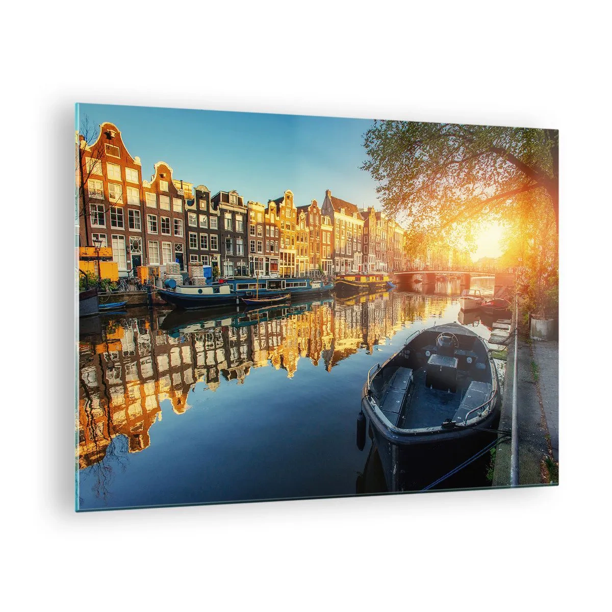 Obraz na skle - Amsterdamský kanál pri západe slnka - 70x50cm - Ráno v Amsterdame - Moderná nástenná dekorácia do obývacej izby a spálne ARTTOR