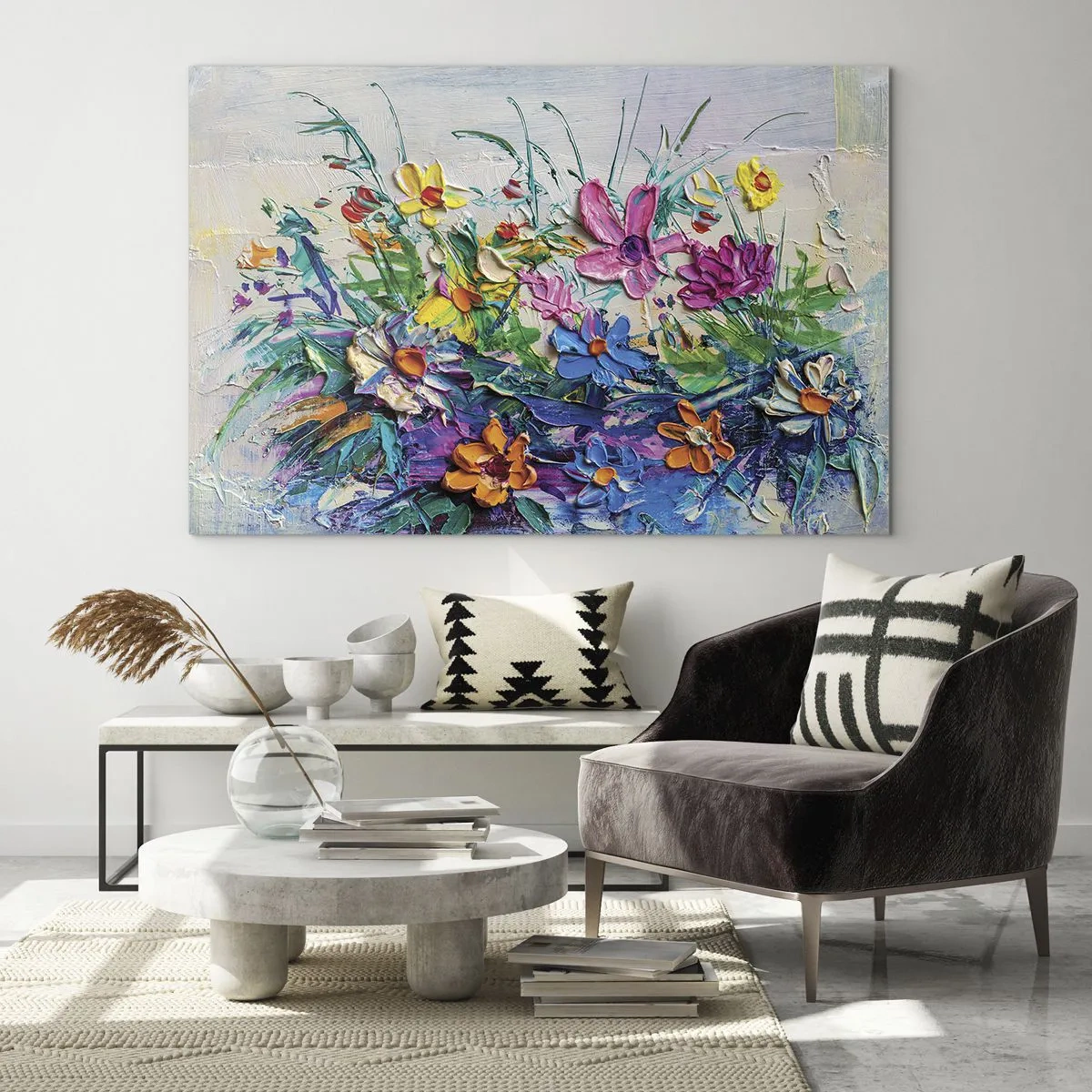 Obraz na skle - Farebný kvetinový aranžmán v maliarskom štýle - 70x50cm - Vôbec nie zátišie - Moderná nástenná dekorácia do obývacej izby a spálne ARTTOR