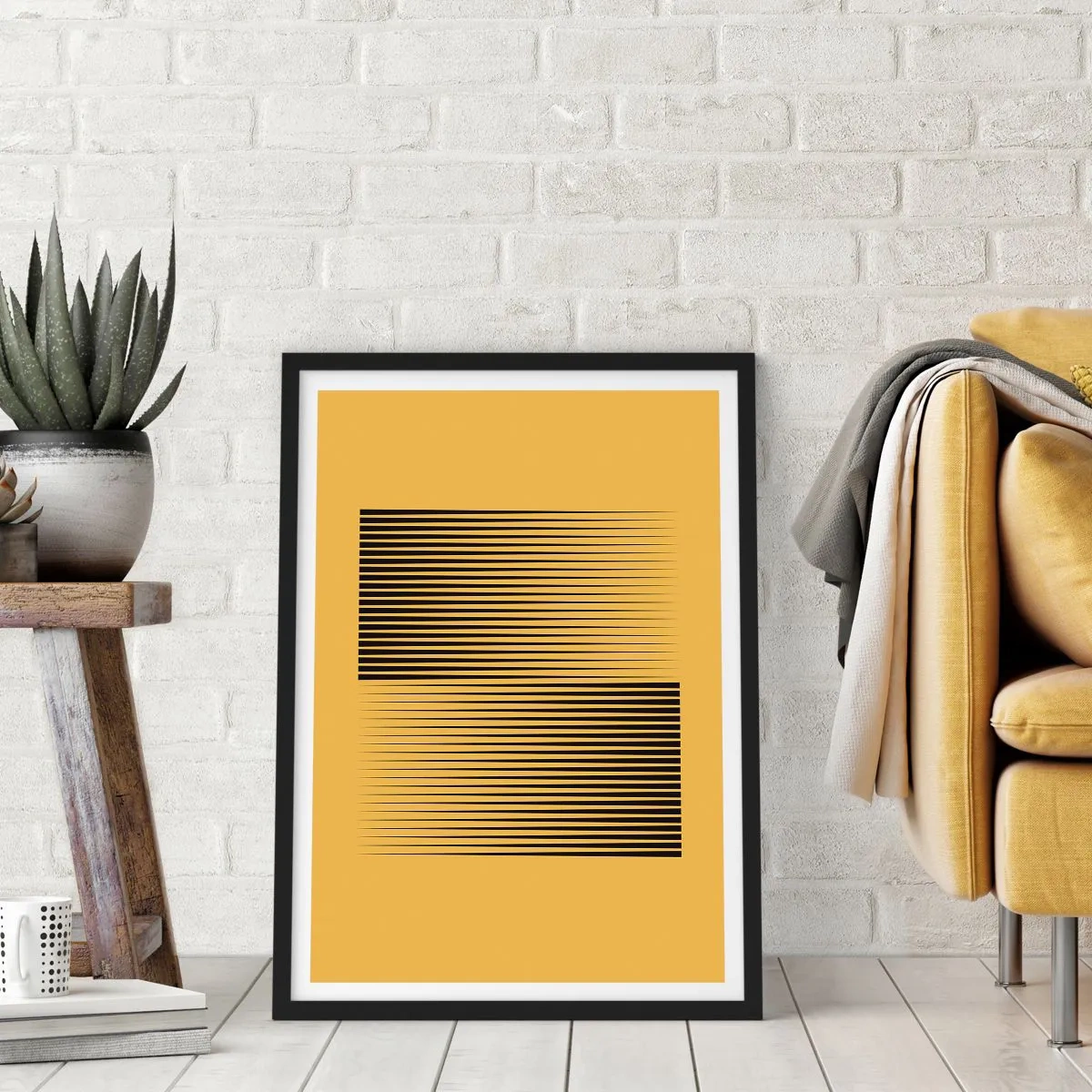 Plagát v čiernom ráme - Minimalistická kompozícia čiar na horčicovom pozadí. - 50x70cm - Štvorec protikladov - Moderná nástenná dekorácia do obývacej izby a spálne ARTTOR
