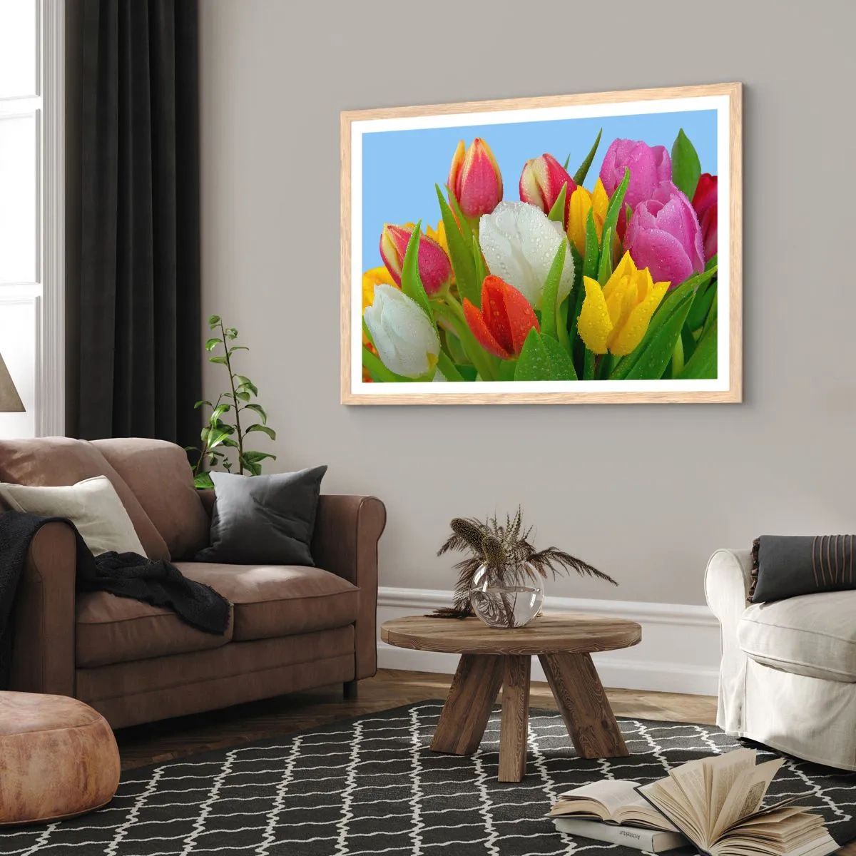 Plagát v ráme zo svetlého duba - Kvetinová dúha v kvapkách rosy - 91x61 cm