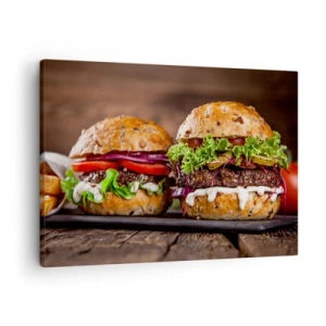 Obraz na plátne - Chutné burgre so zeleninou a omáčkou - 70x50cm - American dream - Moderná nástenná dekorácia do obývacej izby a spálne ARTTOR