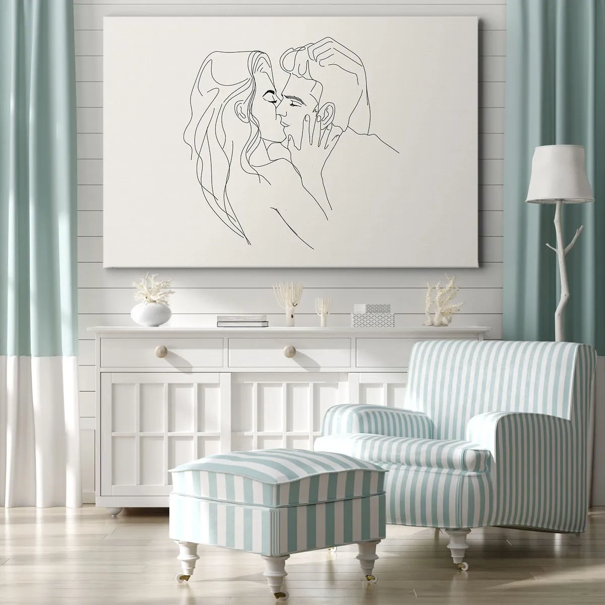 Obraz na plátne - Minimalistická ilustrácia páru v milujúcom objatí - 70x50cm - Zamotaní citom - Moderná nástenná dekorácia do obývacej izby a spálne ARTTOR