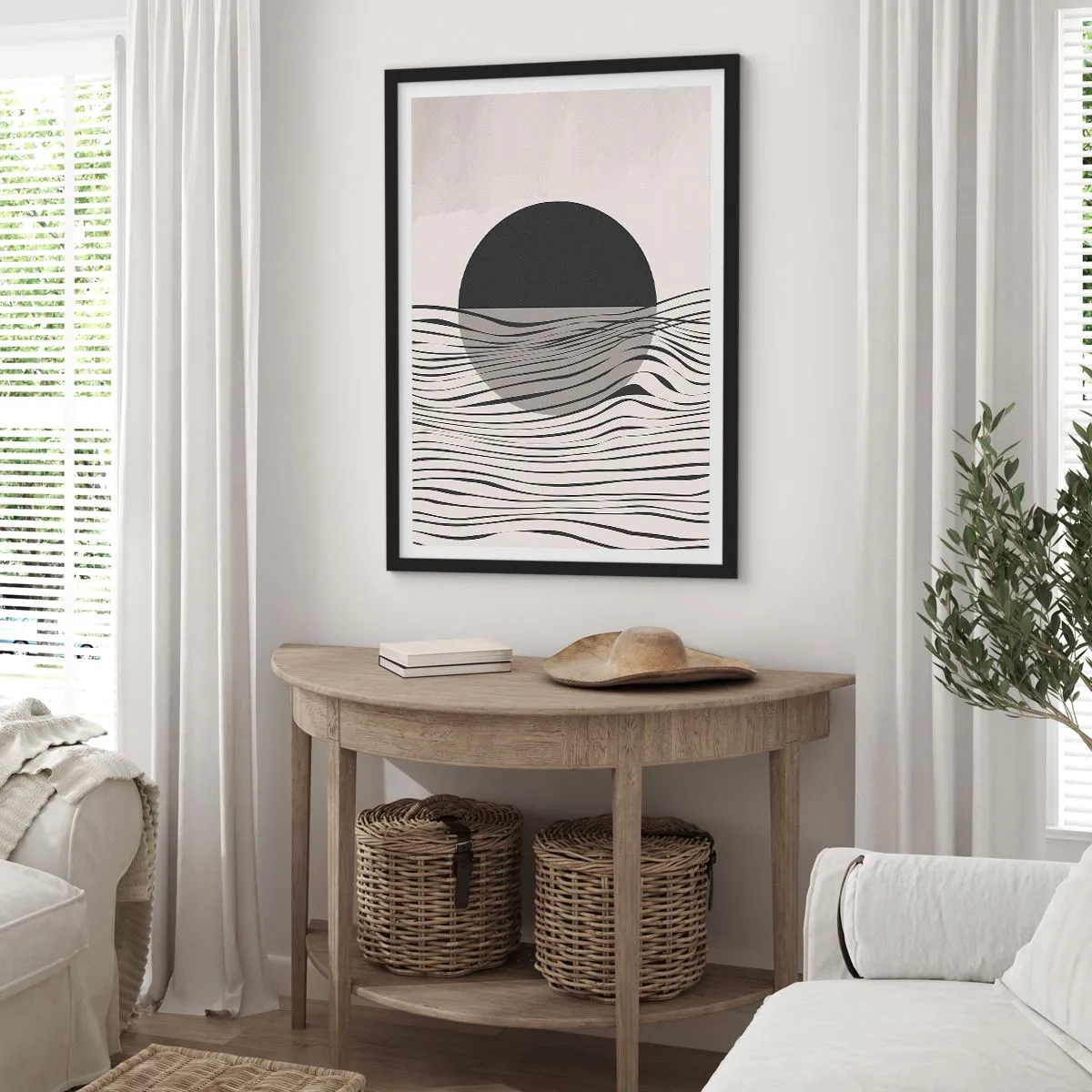 Plagát v čiernom ráme - Abstraktný západ slnka s vlnovými čiarami - 50x70cm - Polovičná kompozícia - Moderná nástenná dekorácia do obývacej izby a spálne ARTTOR
