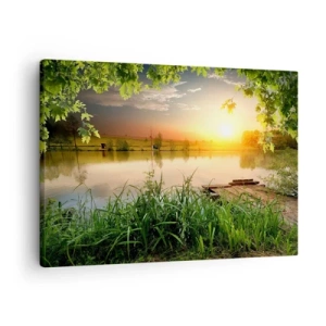 Obraz na plátne - Zelená krajina s jazerom pri západe slnka - 70x50cm - Krajina v zelenom ráme - Moderná nástenná dekorácia do obývacej izby a spálne ARTTOR