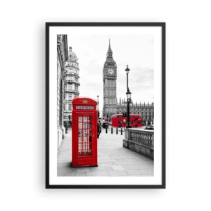 Plagát v čiernom ráme - Červená telefónna búdka s Big Benom a autobusom v pozadí. - 50x70cm - Nepochybne Londýn - Moderná nástenná dekorácia do obývacej izby a spálne ARTTOR