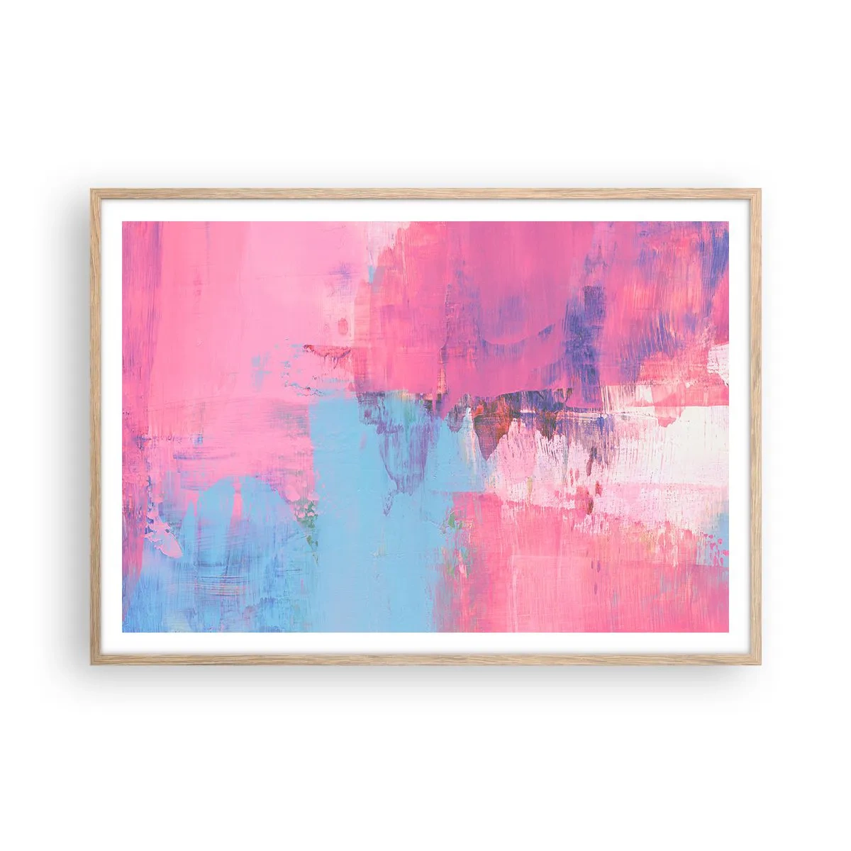 Plagát v ráme zo svetlého duba - Ružová, modrá a štipka svetla - 100x70 cm