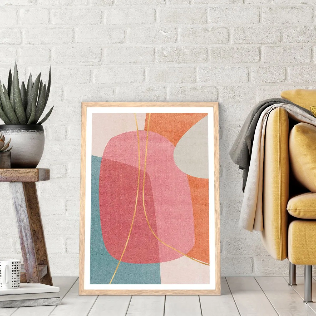 Plagát v ráme zo svetlého duba - Pastelová kompozícia so zlatou niťou - 61x91 cm