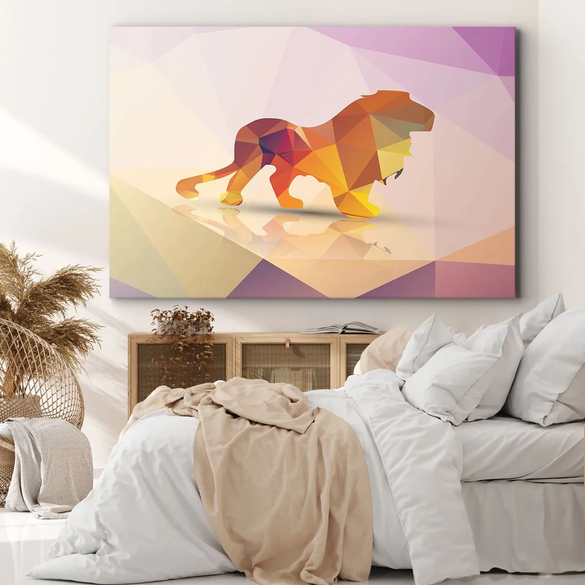 Obraz na plátne - Geometrická silueta leva v odtieňoch žltej a oranžovej - 70x50cm - Diamantový kráľ - Moderná nástenná dekorácia do obývacej izby a spálne ARTTOR