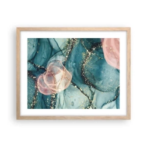 Plagát v ráme zo svetlého duba - Modré hodváb modré, ružový tyl - 50x40 cm