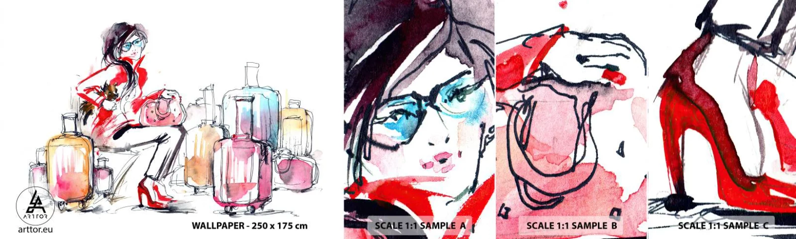 Vzorka samolepiacej fototapety Deluxe Sticker - Posaďme sa pred cestou - Žena, Výlet, Kufor - 100x30 cm