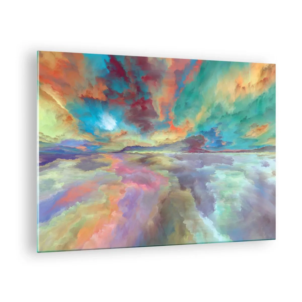 Obraz na skle - Farebné oblaky odrážajúce sa vo vode na obzore - 70x50cm - Dve neba - Moderná nástenná dekorácia do obývacej izby a spálne ARTTOR
