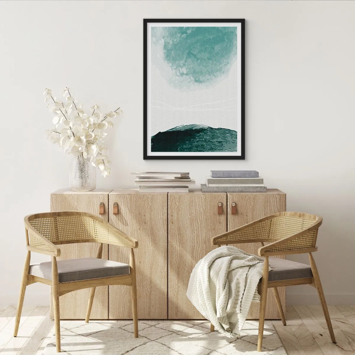 Plagát v čiernom ráme - Abstraktná krajina v odtieňoch zelenej a bielej - 50x70cm - Stretnutie s hmlou - Moderná nástenná dekorácia do obývacej izby a spálne ARTTOR