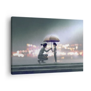 Obraz na plátne - Postava s dáždnikom chrániaca dieťa pred pozadím nočných svetiel. - 70x50cm - A všetko je v poriadku - Moderná nástenná dekorácia do obývacej izby a spálne ARTTOR