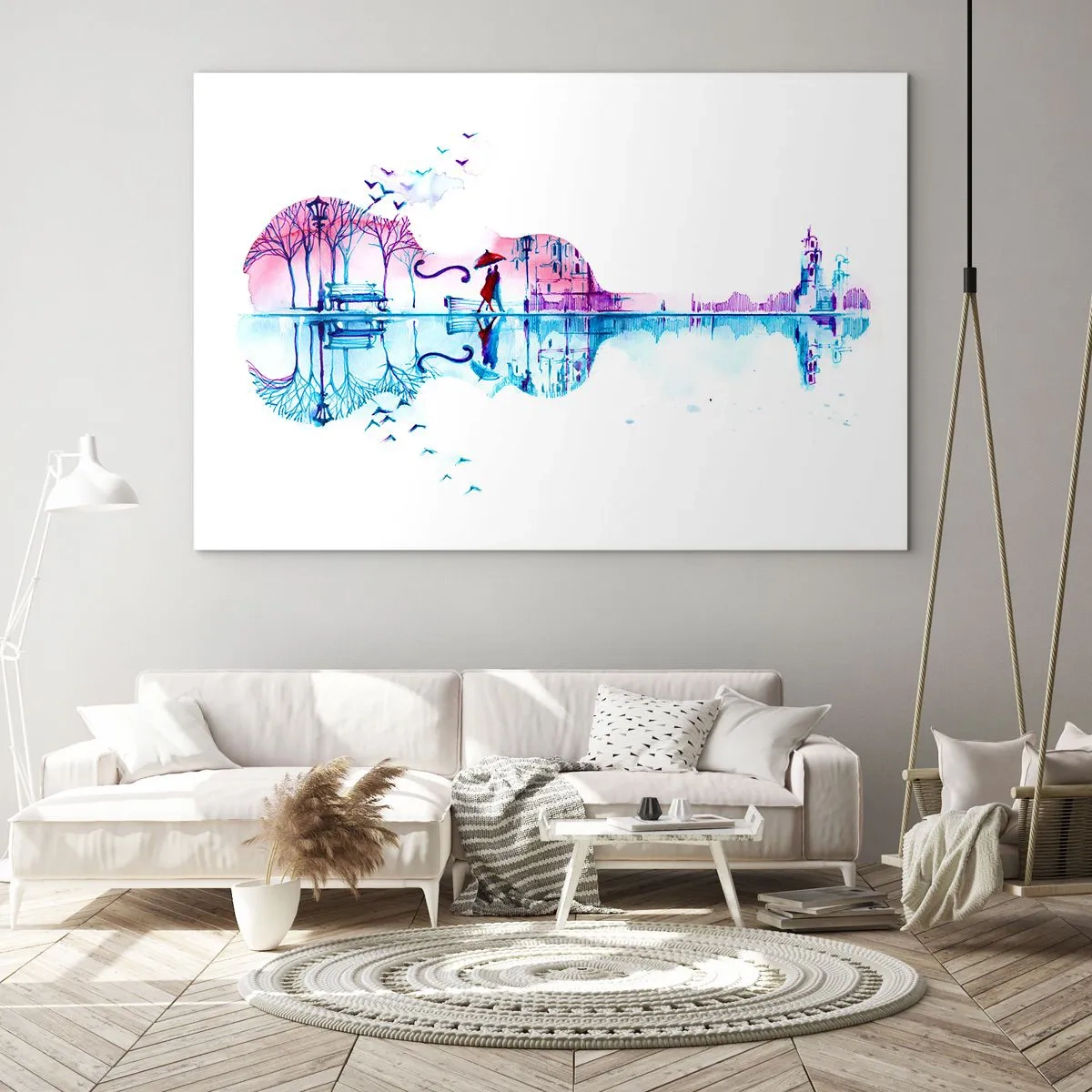 Obraz na skle - Krajina v tvare gitary v akvarelovom štýle - 70x50cm - Prinesiem vám dažďové piesne - Moderná nástenná dekorácia do obývacej izby a spálne ARTTOR