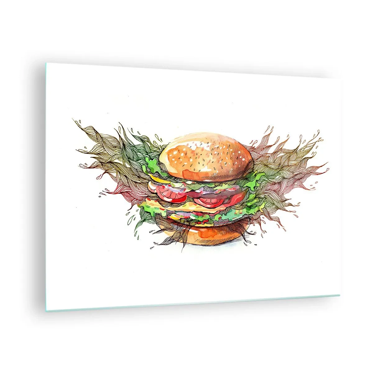 Obraz na skle - Umelecká kresba burgeru s detailmi akvarelu - 70x50cm - Horúce pokušenie - Moderná nástenná dekorácia do obývacej izby a spálne ARTTOR