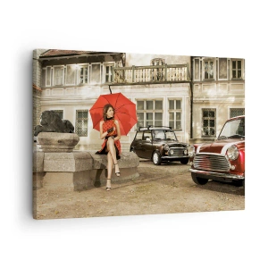 Obraz na plátne - Žena s červeným dáždnikom pri klasických autách - 70x50cm - Sentimentálne mini cestovanie - Moderná nástenná dekorácia do obývacej izby a spálne ARTTOR