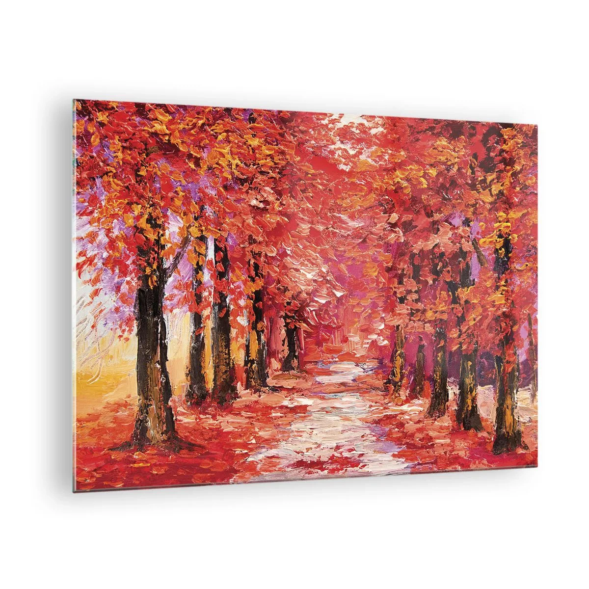 Obraz na skle - Malebná ulička v jesenných farbách plná teplých odtieňov - 70x50cm - Jesenná impresia - Moderná nástenná dekorácia do obývacej izby a spálne ARTTOR
