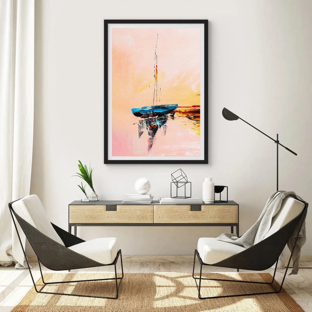 Plagát v čiernom ráme - Abstraktná loď na pokojnej vode pri západe slnka - 50x70cm - Večer v prístave - Moderná nástenná dekorácia do obývacej izby a spálne ARTTOR