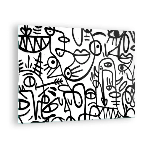 Obraz na skle - Čiernobiela abstrakcia s očami, tvárami a čiarami - 70x50cm - Tváre a preludy - Moderná nástenná dekorácia do obývacej izby a spálne ARTTOR