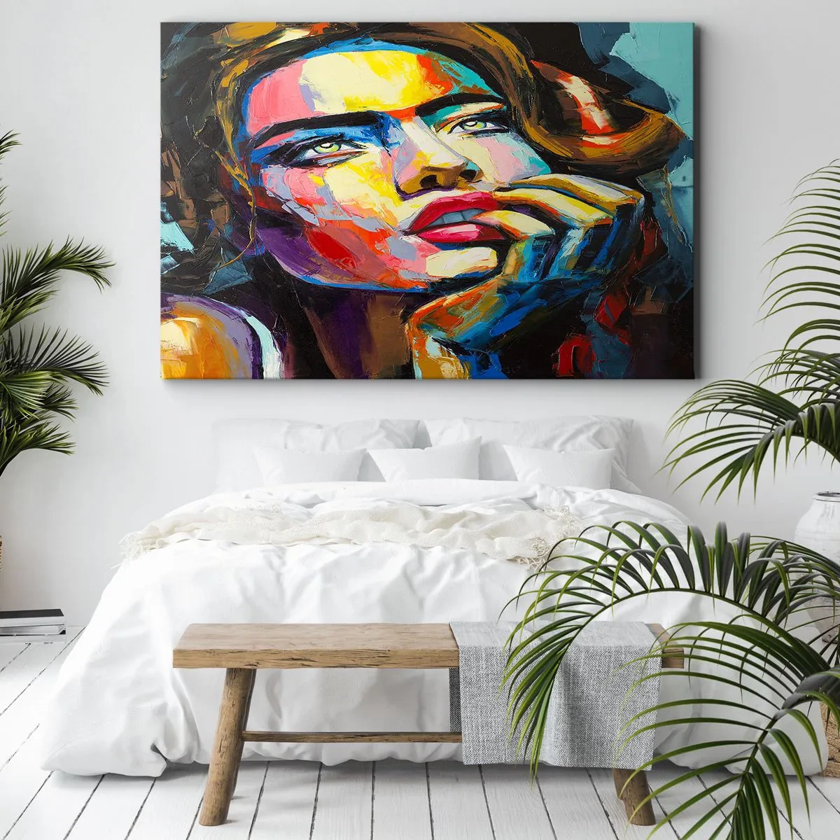 Obraz na plátne - Farebný portrét ženy v expresionistickom štýle - 70x50cm - Sny, ako vtáky letia oblohou - Moderná nástenná dekorácia do obývacej izby a spálne ARTTOR