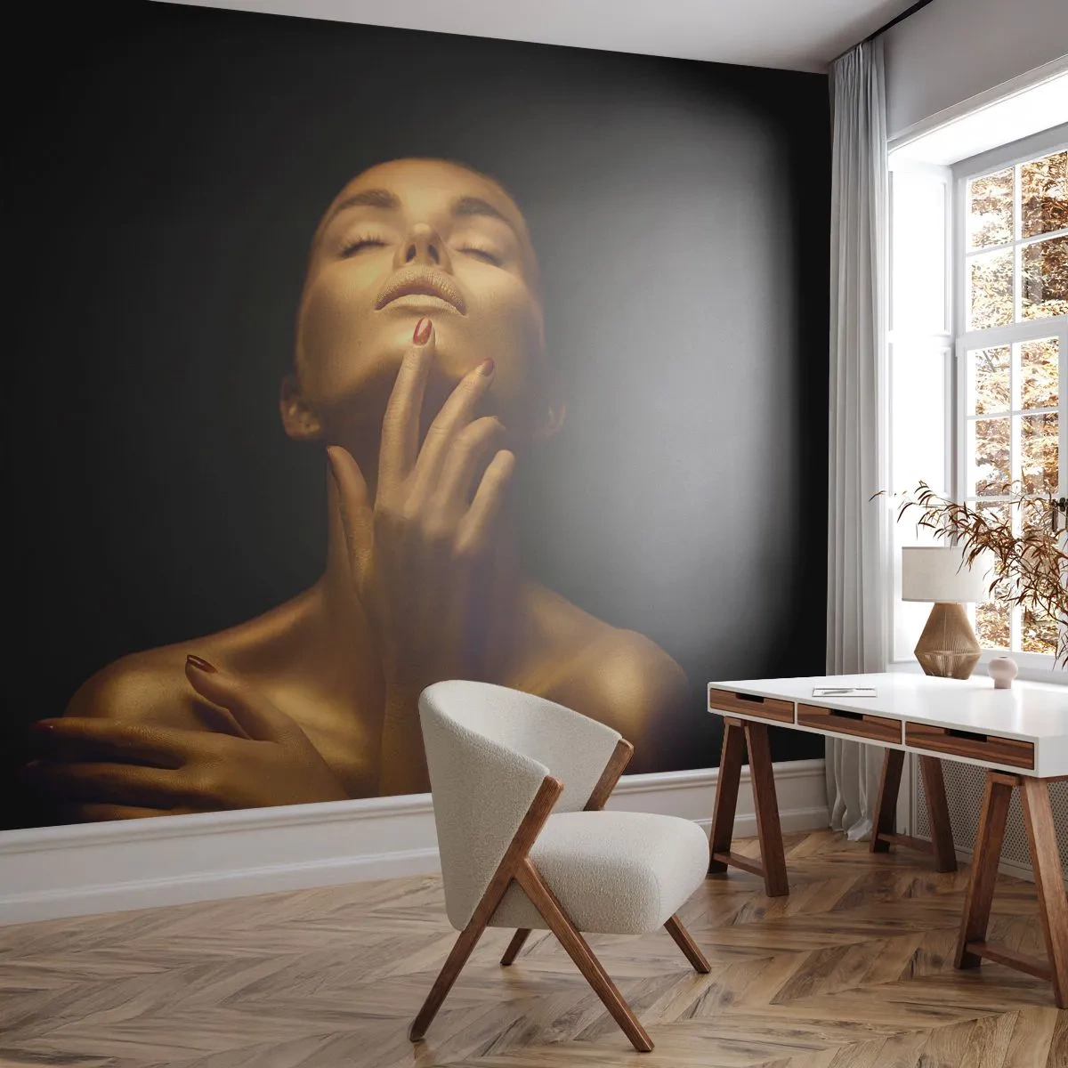 Samolepiaca Fototapeta Deluxe Sticker - Ako zlatý hodváb - Žena, Ženská tvár, Telo - 250x175 cm