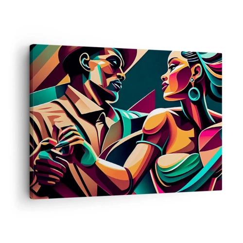 Obraz na plátne - Štylizovaný pár tancujúci v žiarivých geometrických farbách. - 70x50cm - V rytme srdca - Moderná nástenná dekorácia do obývacej izby a spálne ARTTOR