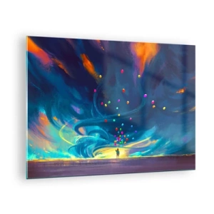 Obraz na skle - Osoba držiaca farebné balóny na modrom veternom pozadí. - 70x50cm - Na modrý vietor - Moderná nástenná dekorácia do obývacej izby a spálne ARTTOR