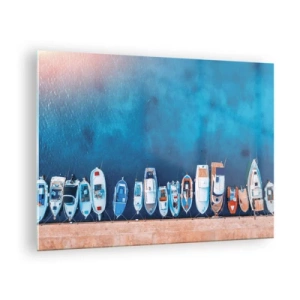 Obraz na skle - Lode kotviace pri brehu z vtáčej perspektívy - 70x50cm - V rade za sebou - Moderná nástenná dekorácia do obývacej izby a spálne ARTTOR