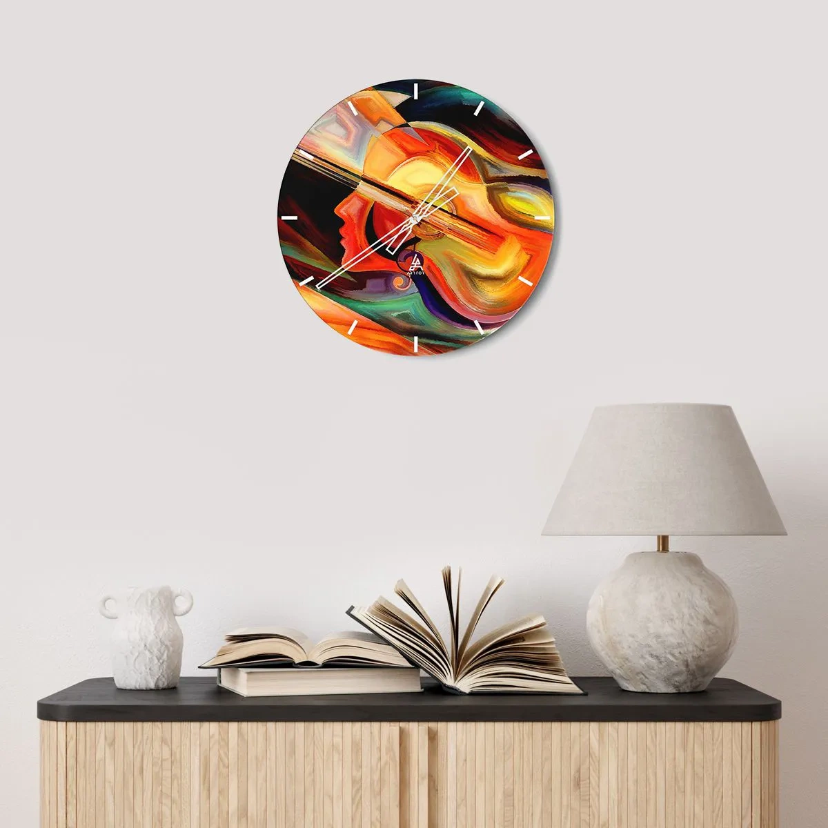 Nástenné hodiny - Abstraktný obraz gitary a tváre v teplých farbách. - 30x30cm - Všetko je v poriadku - Moderná nástenná dekorácia do obývacej izby, kuchyne a spálne ARTTOR