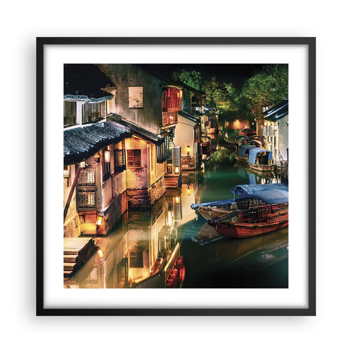 Plagát v čiernom ráme - Večer na čínskej ulici - 50x50 cm