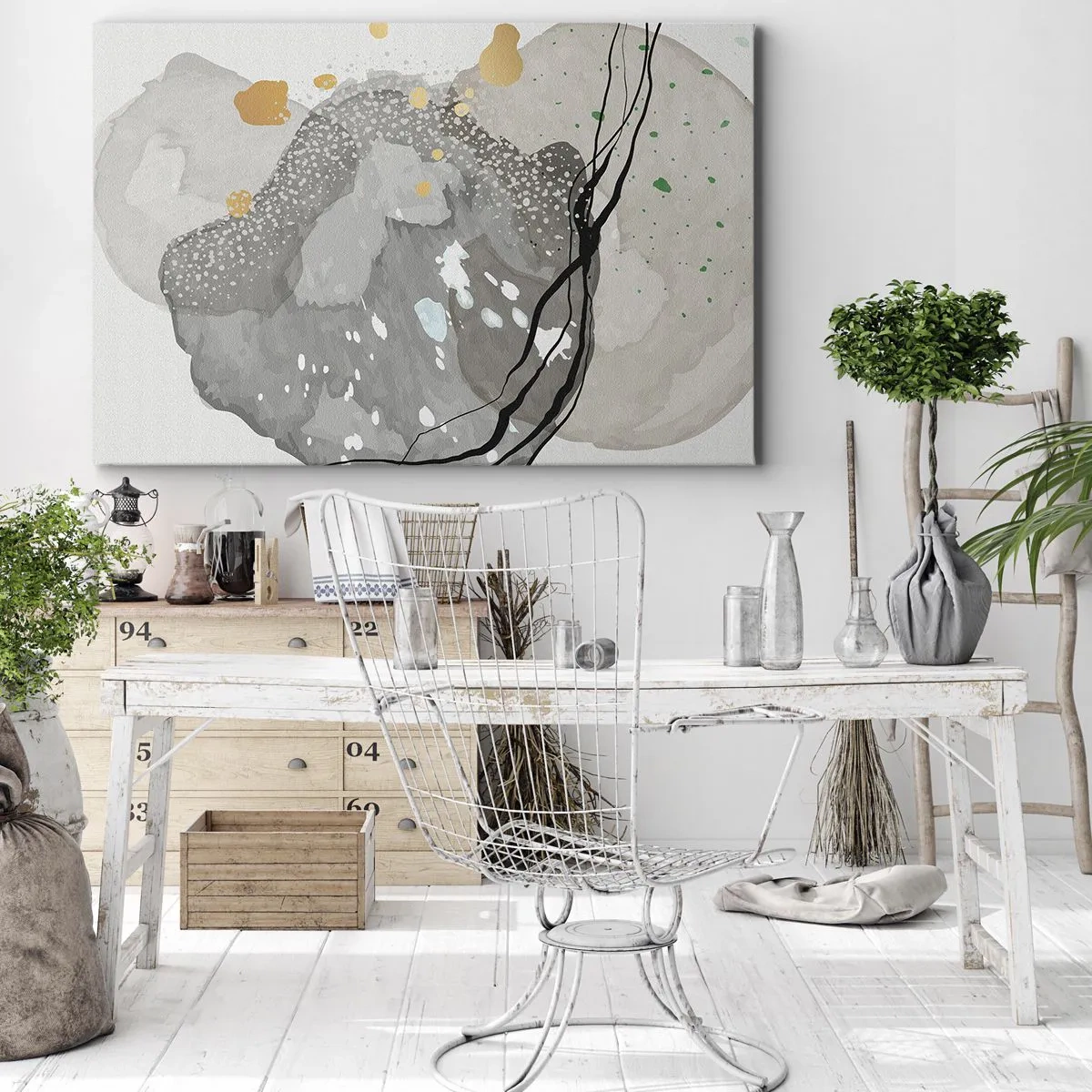 Obraz na plátne - Organické tvary v odtieňoch sivej s akcentmi čiernej a zlatej - 70x50cm - Organická kompozícia - Moderná nástenná dekorácia do obývacej izby a spálne ARTTOR