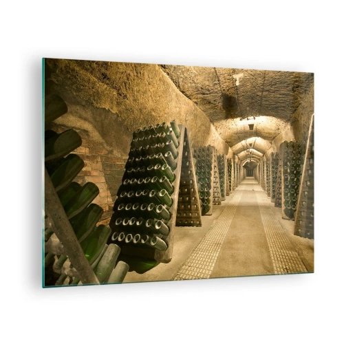 Obraz na skle - Pivnica s fľašami vína, ktoré dozrievajú v radoch - 70x50cm - Narodeniny chuti - Moderná nástenná dekorácia do obývacej izby a spálne ARTTOR
