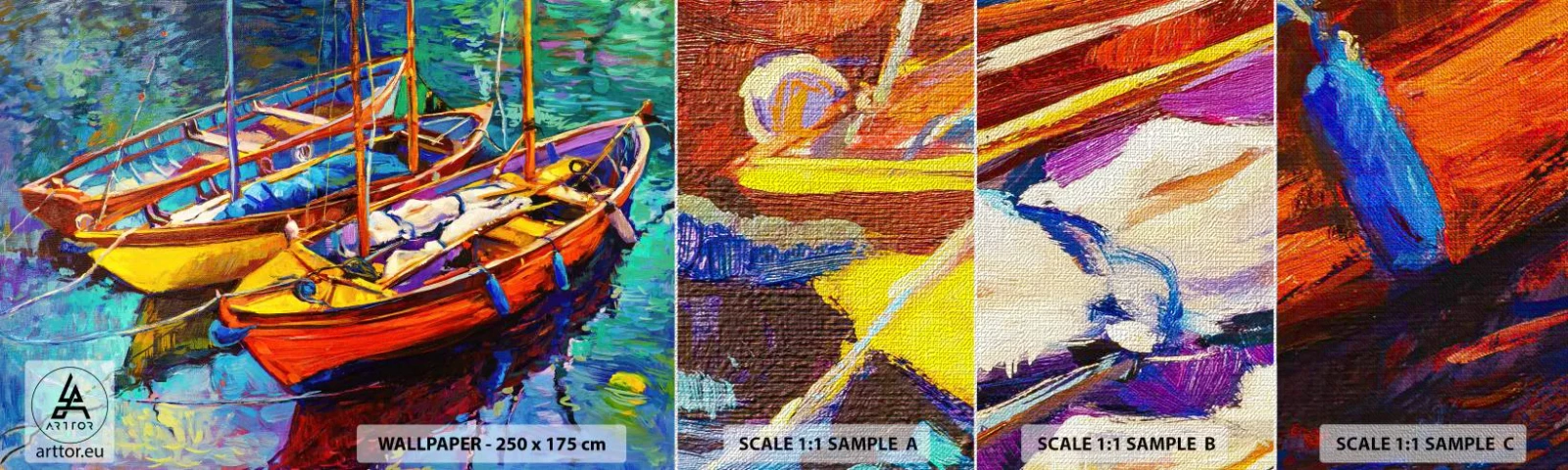 Vzorka fototapety Premium Canvas - Na vode hustej od farieb - Łódź, Plachetnica, More - 100x30 cm