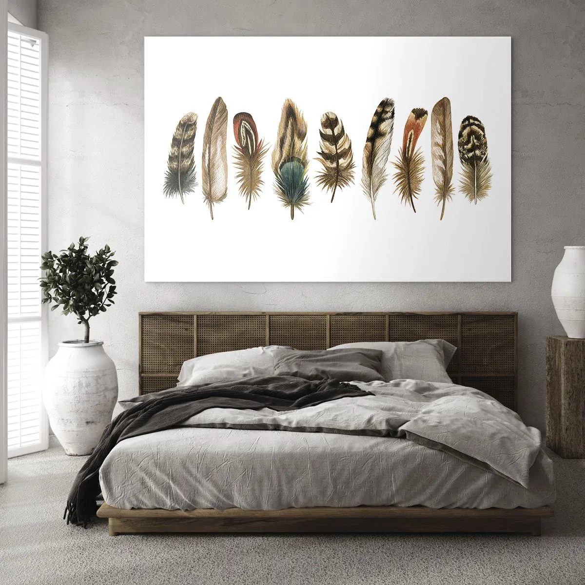 Obraz na skle - Kompozícia farebných pierok na bielom pozadí - 70x50cm - Operená variácia - Moderná nástenná dekorácia do obývacej izby a spálne ARTTOR