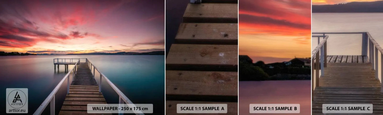 Vzorka Fototapeta Standard Eco - Jemný plameň večera - Krajina, Západ slnka, Drevené mólo - 100x30 cm